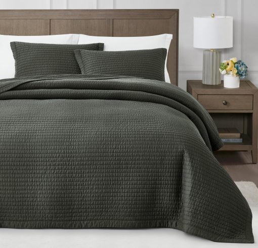 Juego de Colcha de 100% Tencel Lyocell Queen Size - Gris Pizarra Costura Pick Stitch Colcha Suave y Transpirable de 250GSM Relleno de Algodon para Todas las Estaciones