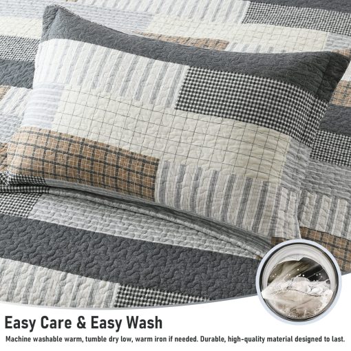 Colcha Finlonte tamano King 100% algodon Gris Negro Marron Colchas Acolchadas Juego de conforter a cuadros Ligero Reversible Suave Transpirable Juegos de Ropa de Cama para Todas las Estaciones, 3 Piezas - Imagen 7