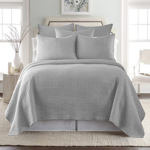 Juego de Colcha Levtex Home Cross Stitch Gris Claro - 100% Algodon - Colcha King/Cal King (106x92 pulgadas) + 2 Fundas King (36x20 pulgadas) - Reversible - Tela de Algodon - Imagen 2