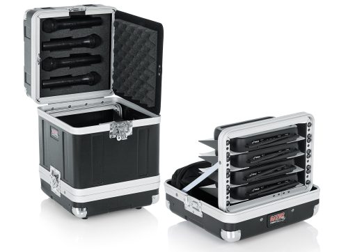 Estuche rigido para microfonos Gator Cases; Capacidad para (4) Sistemas de Microfonos Inalambricos con Estantes de Media Rack y Almacenamiento para (4) Receptores de Mano (GM-4WR)