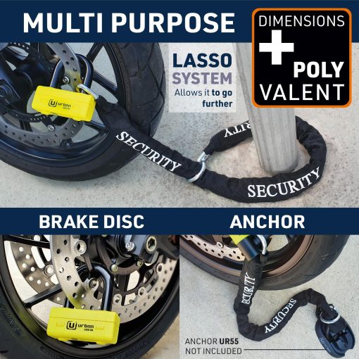 Candado de Cadena para Motocicleta Urban UR75+10,120L ?10mm/0.39in con Anillo + Mini U Lock Disco Lock Alta Seguridad Aprobado SRA, 120cm/3.9ft para Distancias mas largas, Antirrobo para Anclaje, Motocicleta, Estacionamiento - Imagen 5
