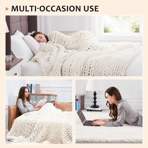 Manta de Punto Grueso L'AGRATY: 80''x90'' Manta de Punto Grueso de Chenilla para Cama Sofa - Manta de Punto Grueso Hecha a Mano - Gran Manta de Croche de Cable Grueso - Manta de Punto Grueso Grande para Decoracion del Hogar (Marfil) - Imagen 5