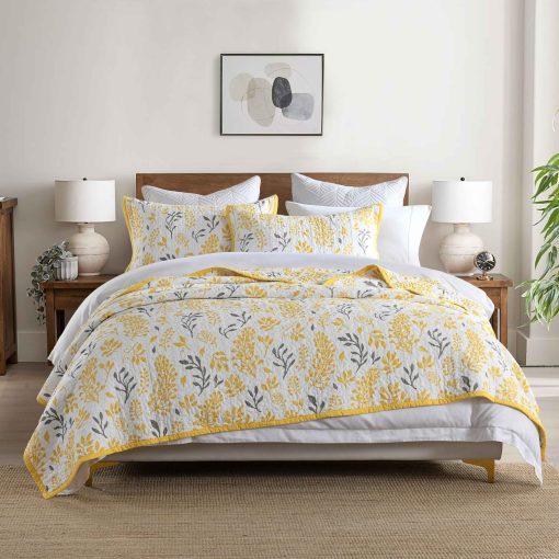 Juego de edredon Mescore para cama King, edredon floral 100% algodon juego de colchas tamano king, juego de ropa de cama ligero reversible para cama King, todas las estaciones, amarillo gris 3 piezas