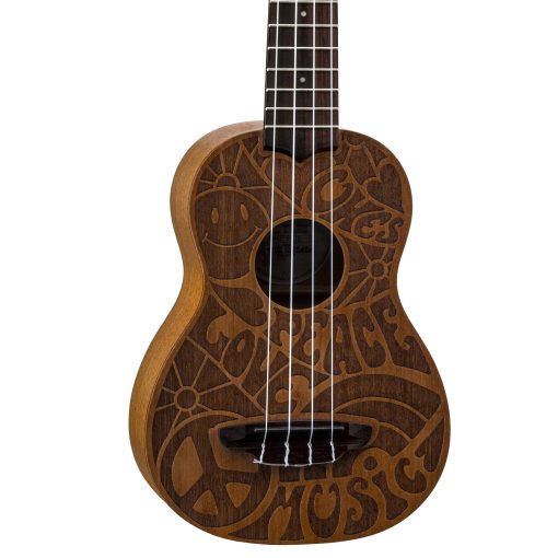 Ukulele Soprano de Caoba Luna Love Music Peace con Funda de Transporte, Satinado Natural