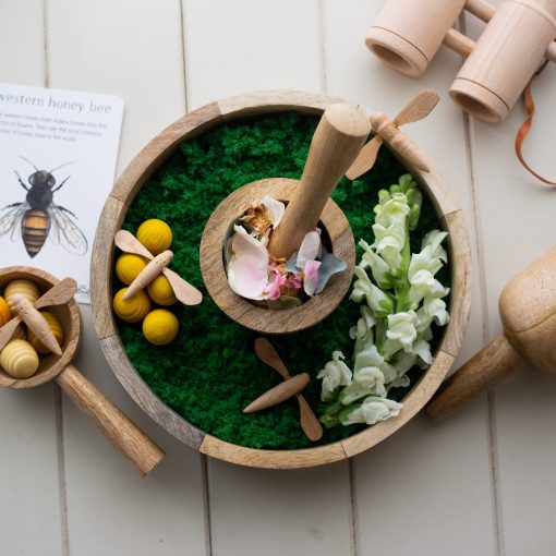 Bandeja sensorial redonda KOOKAROO + 4 herramientas de caja sensorial de madera, juego de vertido Montessori, juguetes Waldorf, cajas sensoriales para ninos de 3 a 4 anos, bandeja de arena, bandeja Montessori, bandejas sensoriales, cuchara de madera, juguetes tactiles. - Imagen 5