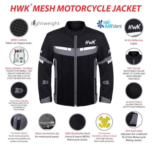 Chaqueta de moto de malla HWK Air para moto Jacket Biker CE Armored transpirable (XXX-Large, Negro) - Imagen 3