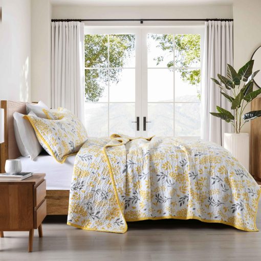 Colcha de Colchas de Tamano Queen Qiqiong, Floral 100% Algodon Juego de Ropa de Cama Colcha de Granja Tamano Queen Ligera Juego de Edredon Reversible para Cama Queen Cubrecamas, Amarillo Blanco 3 Piezas - Imagen 2