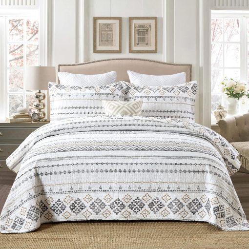 Juego de Edredon Queen Size DUOHONG - Juego de Colcha Edredon Queen, 100% Algodon Juego de Ropa de Cama Boho para Cama Queen, 3 Piezas Colcha Reversible Bohemia a Rayas Ligera Acolchada, Blanco