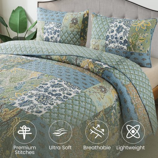 Colcha de Patchwork de Algodon NEWLAKE, Juego de Colcha de 3 Piezas con Bordado Real Cosido a Mano, Juego de Cubrecamas Matelasse Reversible, Verde Jardin de Granja, Tamano King - Imagen 2