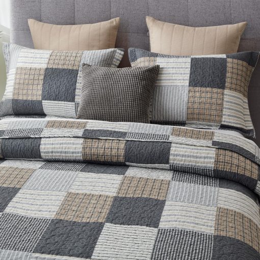 Juego de Edredon Queen Size de Cuadros de Finlonte - 100% Algodon, Colcha acolchada estilo country y farmhouse, Juego de Ropa de Cama Reversible Ligero, Gris Marron Negro Blanco, Colchon de Cama para Todas las Estaciones 3 Piezas - Imagen 5
