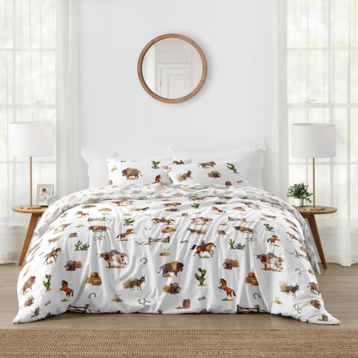 Set de Comforter Queen Sweet Jojo Designs Western Cowboy para Ninos Jovenes y Adultos - Estampado de Vaquero Occidental con Taupe y Blanco - 3 Piezas