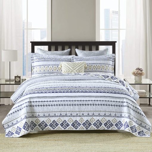 Juego de Colcha Queen Size SahSahCasa, Set de Colcha Queen, Colcha Boho 100% Algodon, Set de Ropa de Cama Queen Edredones, Colchas Reversibles Bohemias Rayadas Ligeras para Todas las Estaciones, Blanco/Azul Marino/Beige