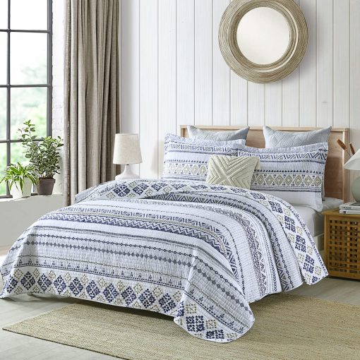 Juego de Colcha Queen Size SahSahCasa, Set de Colcha Queen, Colcha Boho 100% Algodon, Set de Ropa de Cama Queen Edredones, Colchas Reversibles Bohemias Rayadas Ligeras para Todas las Estaciones, Blanco/Azul Marino/Beige - Imagen 2