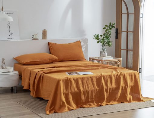 Juego de sabanas de lino EVERLY tamano gemelo, 100% lino puro frances, 3 piezas (1 sabana plana, 1 sabana ajustable, 1 funda de almohada) Adecuado para personas que duermen calientes, Juego de cama natural con bolsillo profundo lavado con piedra - Caramelo - Gemelo - Imagen 2