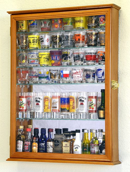 Gabinete exhibidor para vasos de chupito con grandes espejos y 7 estantes de vidrio ajustables, roble - Imagen 2