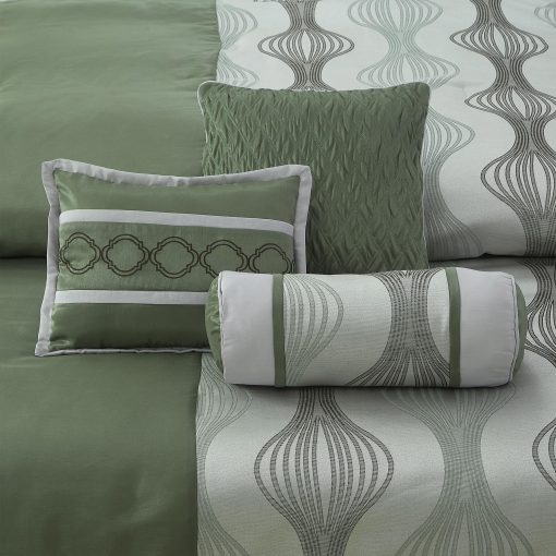 Juego de Edredon para California King LANCO MODERN LIFESTYLE, Verde, 7 Piezas en una Bolsa, Suave Jacquard con Pieza Solida, Juego de Cama de Lujo con Edredones, Faldon de Cama, Fundas de Almohada y Cojines Decorativos - Imagen 5