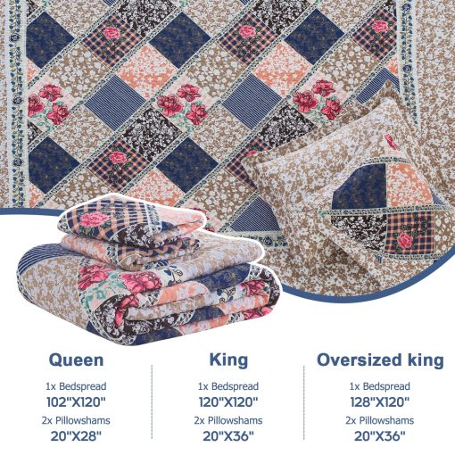 Colcha de Cama de Gran Tamano Finlonte 128"x120" - Colcha de Gran Tamano California King 100% Algodon, Colcha de Retazos de Granja, Colcha Reversible Ligera, Juego de Ropa de Cama, Cafe/Azul Marino - Imagen 2