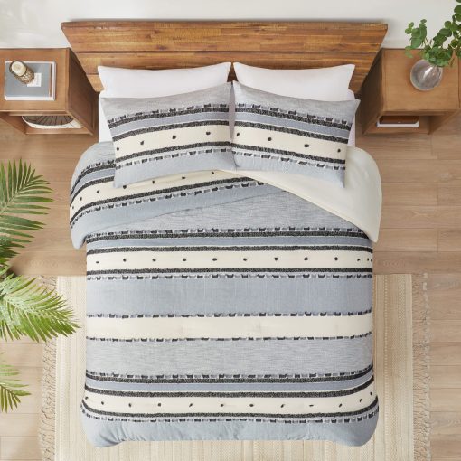 Juego de edredon Hyde Lane Boho Blue King - Conjunto de ropa de cama moderna de granja, tapizado con algodon y rayas jacquard en tonos neutros de estilo rustico recortado, 3 piezas que incluyen fundas de almohada a juego (104x90 pulgadas) - Imagen 4
