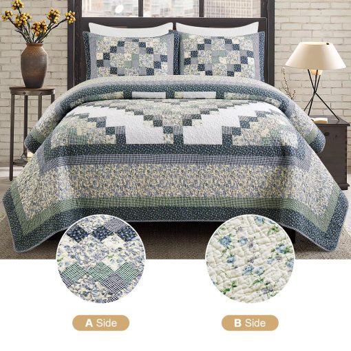 Colcha de Retazos de Algodon Genuino NIUDeCOR HOME Tamano Queen Reversible Azul a Cuadros Floral Juegos de Cama de Colchas de 3 Piezas - Imagen 6