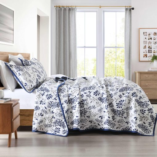 Juego de Edredon Mescore King, Edredon Floral 100% de Algodon Acolchado para Cama King, Juego de Ropa de Cama de Tamano King, Ligero y Reversible, para Cama King, Todas las Estaciones, Azul Marino 3 Piezas - Imagen 3