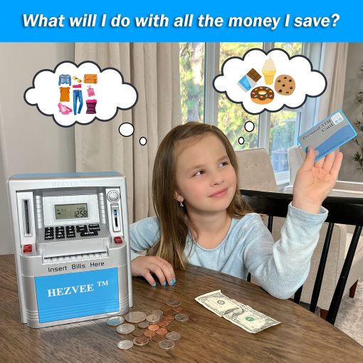 Hucha de cajero automatico para dinero real - Enseñando responsabilidad financiera a los niños, una hucha para niños mayores de 3 años - Combina diversion, aprendizaje para la banca, una hucha digital para niños - Empieza a ahorrar (Plata y Azul) - Imagen 6
