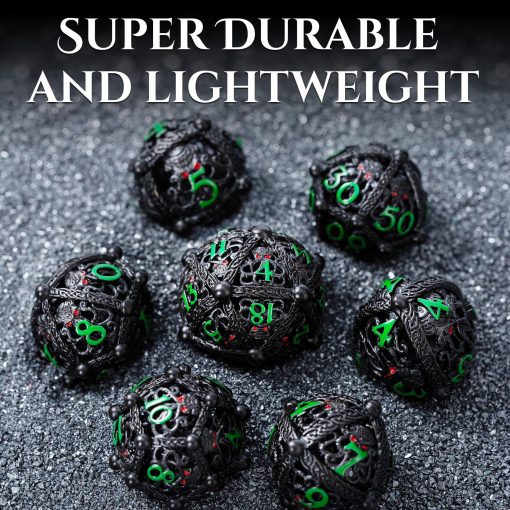 Conjunto de dados DND de metal - Diseno unico de orbe hueco redondo para un mejor lanzamiento - Conjunto de dados de metal Cthulhu geniales para juegos de rol (RPG) - Impresionante conjunto de dados de Dungeons and Dragons (Negro Verde) - Imagen 4