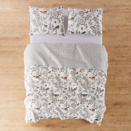 Juego de Edredon Levtex Home - Mockingbird - Edredon Completo/Queen 88x92 pulgadas + Dos Fundas de Almohada Estandar 26x20 pulgadas - Gris con Toile de Aves y Mariposas - Reversible - Algodon - Imagen 2
