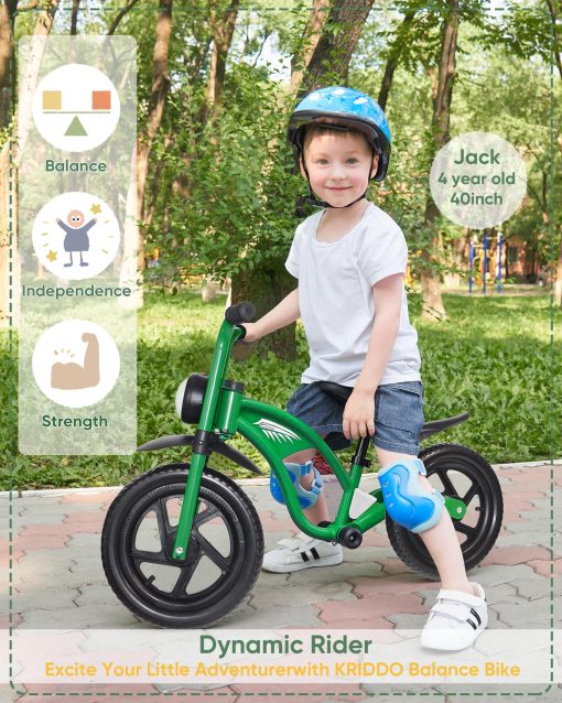 Bicicleta de Equilibrio para Ninos KRIDDO de 2 a 5 Anos, con Luz Delantera, Llantas Mejoradas para Todo Tipo de Terreno, Rodamientos Mejorados para un Paseo Suave y Estable, Guardabarros Delanteros y Traseros, Asiento Ajustable, Verde - Imagen 2