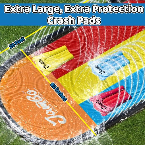 JAMBO 25' Extra Largo Triple Carril Deslizante y Chapoteo con Tablas de Cuerpo, Resbaladilla de Agua Resistente de Alta Calidad- Sistema de Rociadores Avanzado de 3 Vias, Colchoneta de Chapoteo, Tapete de Salpicaduras Juguetes y Deslizadores de Agua al Aire Libre para Ninos - Imagen 2