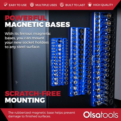 Organizador de enchufes magneticos Olsa Tools | Kit de 3 piezas | 1/2 pulgada, 3/8 pulgada y 1/4 pulgada | Organizadores de enchufes para cajas de herramientas | Azul | Capacidad de 141 enchufes | Organizador de herramientas de grado profesional | Parte 1562 - Imagen 5