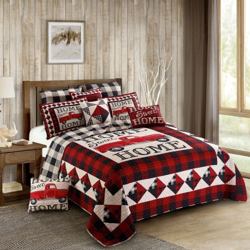 Juego de Cama de Edredon de Cabana de 3 Piezas para Rey - Camion Rojo Strain Home Sweet Home - Rustico Vida Silvestre Pais Reversible Edredon de Campamento con Fundas de Almohada Decorativas, Rojo/Blanco