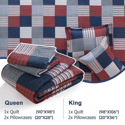 Juego de Colcha Queen Size Finlonte - Juego de Cama de Colcha de Algodon 100% Azul Rojo Blanco Cuadros Granja, Colcha Reversible Ligera Suave, Cubrecama Acolchado para Todas las Estaciones, 3 Piezas - Imagen 5