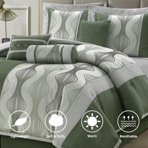 Juego de Edredon para California King LANCO MODERN LIFESTYLE, Verde, 7 Piezas en una Bolsa, Suave Jacquard con Pieza Solida, Juego de Cama de Lujo con Edredones, Faldon de Cama, Fundas de Almohada y Cojines Decorativos - Imagen 2