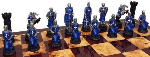 Conjunto de Piezas de Ajedrez del Caballero de las Cruzadas azul y blanco de la epoca medieval, pintado a mano con Cruz de Malta - sin tablero - Imagen 2
