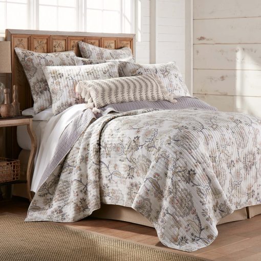 Juego de Colcha Levtex Home - Ophelia - Colcha y Dos Fundas Estandar - Floral - Gris Taupe Crema Rosa - Colcha (90x94 pulg.) y Fundas (20x26 pulg.) - Reversible - Rayon/Algodon - Imagen 2