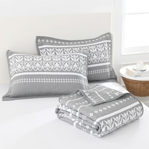 Juego de Colcha Boho Cinefoso, Colcha Queen Size 100% Algodon Gris Juego de Colcha Bohemio con Estampado de Rayas Cubrecama Reversible Conjunto de Ropa de Cama Ligera para Todas las Estaciones, Gris 3 Piezas - Imagen 6