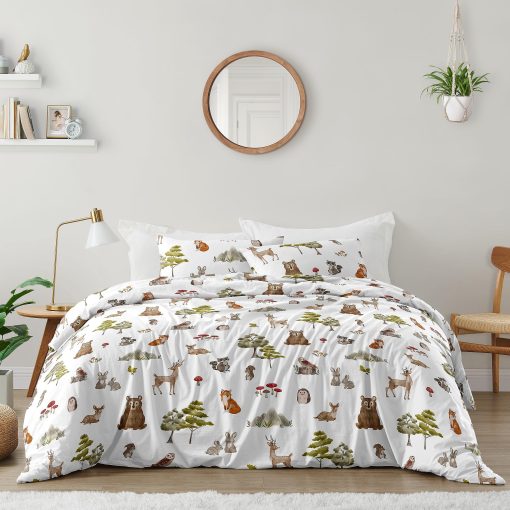 Juego de edredon Sweet Jojo Designs Woodland Forest Animals para nino o nina, neutro, tamano completo, 3 piezas, cama de adulto adolescente. Estampado de animales de bosque de osos marrones, buhos, arboles, ciervos, conejitos, amigos de color tostado