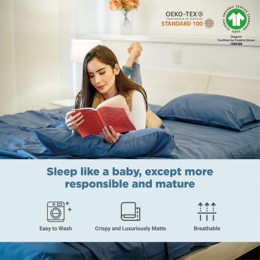 Juego de Sabanas Queen Size de 100% Algodon Organico con Tejido Percale | 300 Hilos | Certificado GOTS | Algodon de Fibra Larga | Fresco, Crispado y Transpirable | Ajuste para Colchones de hasta 17" de Bolsillo Profundo | Azul Oscuro - Imagen 3
