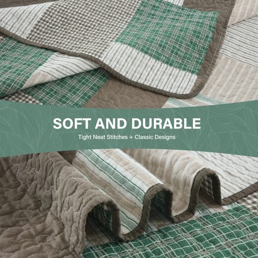 Juego de Edredon King Size SahSahCasa, Juego de Edredon King, Juego de Ropa de Cama de Edredon King 100% Algodon, Colcha Patchwork de Estilo Granja, Colcha Reversible Ligera Rustica, Verde/Marron Arenoso/Blanco - Imagen 5