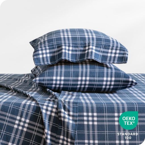 Juego de sabanas de franela Bare Home Prints, 100% algodon, suave y pesado - Franela de doble cepillado para mayor suavidad y comodidad - Bolsillo profundo - Sabanas (Split King, Stirling Plaid - Azul/Blanco) - Imagen 5