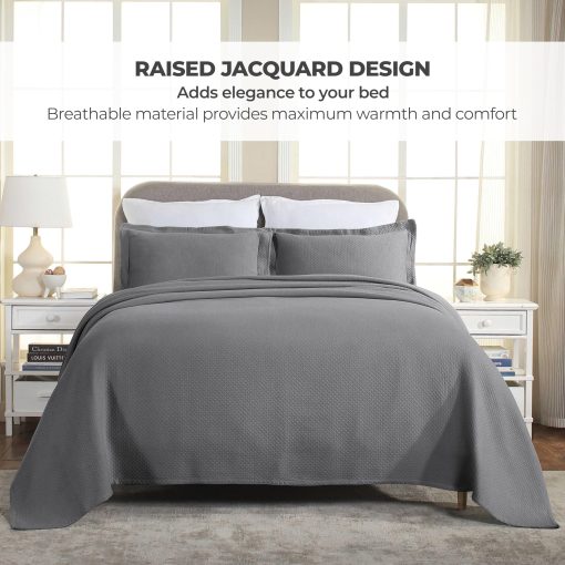 Juego de Colcha Superior Premium Extra Grande, Diseño de Jacuard Diamante Solitario, Suave, Transpirable, Todo Temporada, Fundas de Almohada a Juego, Ropa de Cama Ligera y Acogedora, King, Gris - Imagen 4