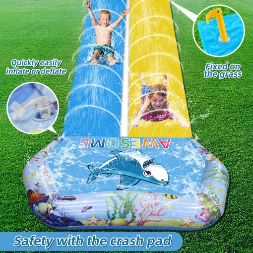 VEEST 33 FT Tobogan de Agua Extra Largo para Ninos y Adultos, Doble Tobogan de Agua para Cesped con 2 Tablas, Juguetes de Verano para Tobogan de Agua con Colchoneta de Choque para Patio Exterior - Imagen 6