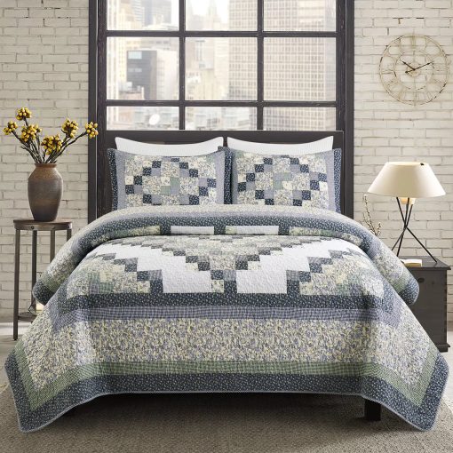 Colcha de Retazos de Algodon Genuino NIUDeCOR HOME Tamano Queen Reversible Azul a Cuadros Floral Juegos de Cama de Colchas de 3 Piezas