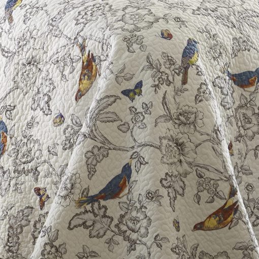 Juego de Edredon Levtex Home - Mockingbird - Edredon Completo/Queen 88x92 pulgadas + Dos Fundas de Almohada Estandar 26x20 pulgadas - Gris con Toile de Aves y Mariposas - Reversible - Algodon - Imagen 3