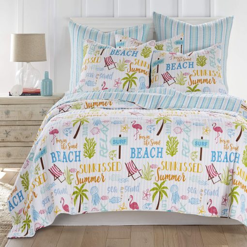 Juego de edredon homthreads by Levtex Home - Beach Days - Edredon King (106x92 pulg.) + Dos fundas de almohada King (36x20 pulg.) - Tematica playera - Azul, amarillo, verde, marron y rosa - Reversible - Tela de algodon - Imagen 2