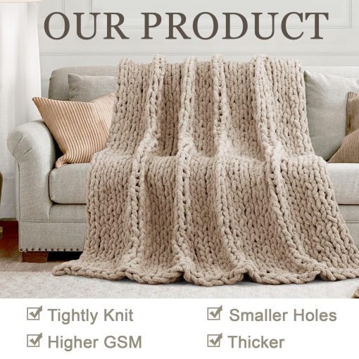 Manta de Punto Grueso para Lanzar 60"X 80", 100% Hecha a Mano con Hilo de Chenille Suave, 6.7lbs Mantas Gruesas de Punto de Cable, Grandes Lanzamientos de Ganchillo de Nudo de Cuerda para Sofa de Cama Decoracion del Hogar, Taupe - Imagen 4
