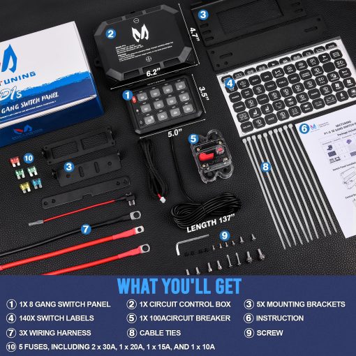 Panel de interruptores MICTUNING 12 Gang P1S-B12 Azul 80A 960/1920W Interruptor tactil ON-OFF momentaneo de control de circuito caja de reles para camper RV ATV SUV UTV Truck Car Marine, Garantia de 2 años - Imagen 7