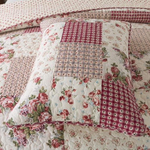Juego de Colcha de Patchwork de Algodon SLPR Country Roses - Tamaño Queen con 2 Fundas de Almohada, Ropa de Cama Floral de Estilo Frances, Colcha de Granja Roja Acolchada con Patron de Flores - Imagen 7