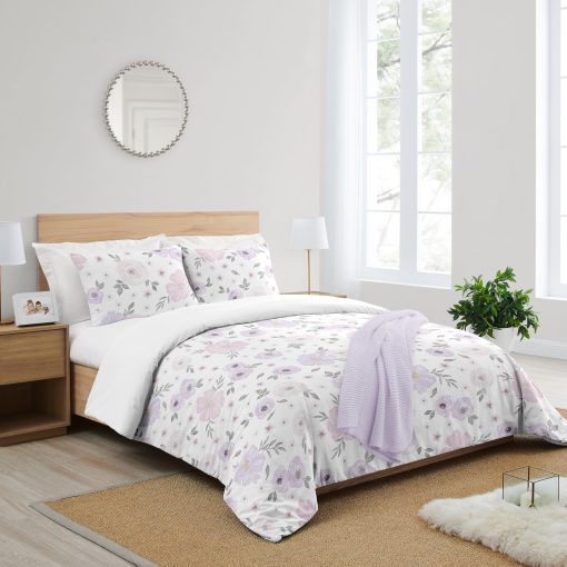 Set de Edredon para Ninas Sweet Jojo Designs Lavanda Morado, Rosa, Gris, y Blanco - Estilo Shabby Chic con Flores Acuarela - Tamano Full/Queen - 3 Piezas - Rosas - Imagen 2