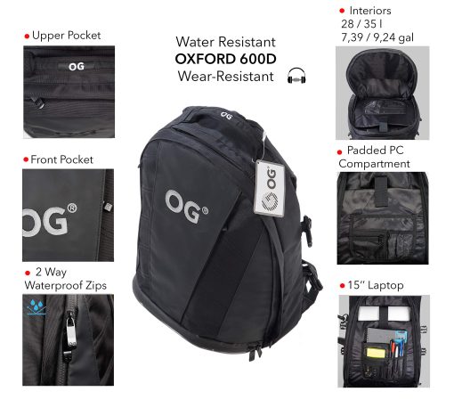 Mochila para motocicleta OG Original EZ-Rider PRO Negra Expandible 28-35L, Bolsa para casco de motocicleta, Correa para casco, Mochilas impermeables para motocicletas para hombres con bolsillo para laptop, Reflectante (Logo blanco) - Imagen 8